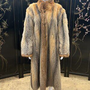 Vintage Mid Century Custom Reversible Fox Fur & Chevron Leather Full Length Coat